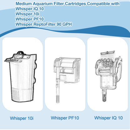 Medium Filter Cartridges Compatible with Whisper Bio-Bag Filters, Aquarium Replacement Filter Cartridges for Whisper 10i/IQ10/PF10 & ReptoFilter 20 Gallon (90 GPH), Activated Carbon Filter